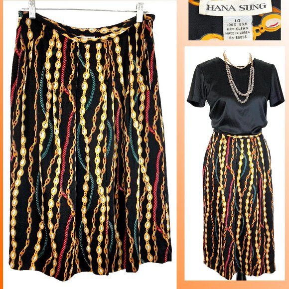 Hana Sung Dresses & Skirts - Hana Sung Midi Pleated Silk Skirt Chain Jewel Print Sz 12-10